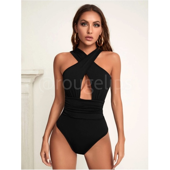 Criss Cross Front Black Bodysuit Cut Out Keyhole Slim Fit - Picture 2 of 8